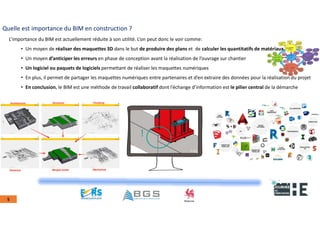22nov.22
2018
2222
2018
22
5
Quelle est importance du BIM en construction ?
L’importance du BIM est actuellement réduite à son utilité. L’on peut donc le voir comme:
• Un moyen de réaliser des maquettes 3D dans le but de produire des plans et de calculer les quantitatifs de matériaux
• Un moyen d’anticiper les erreurs en phase de conception avant la réalisation de l’ouvrage sur chantier
• Un logiciel ou paquets de logiciels permettant de réaliser les maquettes numériques
• En plus, il permet de partager les maquettes numériques entre partenaires et d’en extraire des données pour la réalisation du projet
• En conclusion, le BIM est une méthode de travail collaboratif dont l’échange d’information est le pilier central de la démarche
 