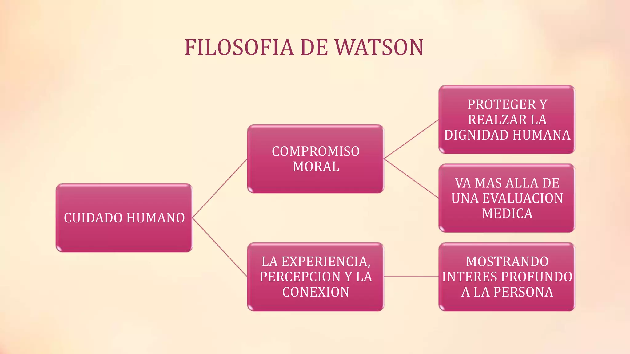 FILOSOFIA DE WATSON
CUIDADO HUMANO
COMPROMISO
MORAL
PROTEGER Y
REALZAR LA
DIGNIDAD HUMANA
VA MAS ALLA DE
UNA EVALUACION
MEDICA
LA EXPERIENCIA,
PERCEPCION Y LA
CONEXION
MOSTRANDO
INTERES PROFUNDO
A LA PERSONA
 