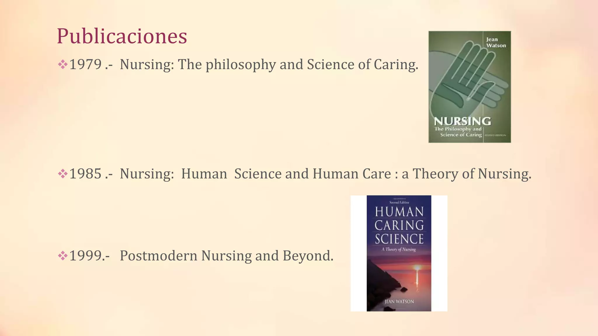 Publicaciones
1979 .- Nursing: The philosophy and Science of Caring.
1985 .- Nursing: Human Science and Human Care : a Theory of Nursing.
1999.- Postmodern Nursing and Beyond.
 