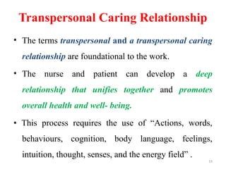 19
Transpersonal Caring Relationship
• The terms transpersonal and a transpersonal caring
relationship are foundational to the work.
• The nurse and patient can develop a deep
relationship that unifies together and promotes
overall health and well- being.
• This process requires the use of “Actions, words,
behaviours, cognition, body language, feelings,
intuition, thought, senses, and the energy field” .
 