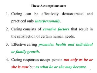 36
These Assumptions are:
1. Caring can be effectively demonstrated and
practiced only interpersonally.
2. Caring consists of carative factors that result in
the satisfaction of certain human needs.
3. Effective caring promotes health and individual
or family growth.
4. Caring responses accept person not only as he or
she is now but as what he or she may become.
 