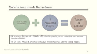 Modelin Araştırmada Kullanılması
22
17 DR Tezi( 14’ü
tamamlanmış)
4
Araştırma
Projesi
Toplam
21
Çalışma
https://www.youtube.com/watch?v=W_crR29X8Sw
 İlk araştıma; Erci ve ark. (2003)- HT’li olan bireylerde yaşam kalitesi ve kan basıncı
üzerine etkinliği
 İlk DR tezİ; Arslan & Okumuş’un (2012)- İnfertil kadınlar üzerine yaptığı tezdir.
 