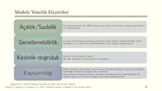 Modele Yönelik Eleştiriler
•İlk başlarda karmaşık olan İBM’nin daha sonra teorinin açık olması ve daha yaygın kullanımı
için sadeleştirmiştir.
Açıklık/Sadelik
•Şu anda yapılan bakımın psikolojik unsurlardan ziyade bakımın fizyolojik temeller üzerine
oturduğunu ve bu yüzden de genellenebilirliğinin sınırlı olduğu vurgulanmaktadır
Genellenebilirlik
•Deneysel olarak çalışılması zordur
•İBM diğer disiplinlerce de benimsenen bir yapıdadır.
Kesinlik-doğruluk
•Watson teorisinin ancak bakımı alan ve veren arasındaki kişilerarası süreçte kullanıldığında
hemşireliğin bütününü kapsadığını iddia etmektedir.
•İnsan bakımının merkezde olmasına ve kişilerarası süreçte bakıma odaklanmaktadır. Bu
nedenle, uygun bir orta düzey açıklayıcı teori olarak kategorize edilir
Kapsamlılığı
28
Allıgood, M. R. (2014). Nursing Theorists and Their Work (8 ed.). Elsevier.
Karadağ, A., Çalışkan, N., & Baykara, Z. G. (2017). Hemşirelik Teorileri ve Modelleri (1 ed.). Akademi Basım.
 