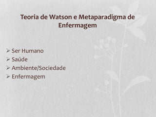 Teoria de Watson e Metaparadigma de
Enfermagem

 Ser Humano
 Saúde
 Ambiente/Sociedade
 Enfermagem

 