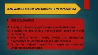 1. PERSON/PATIENT
 A unity of mind-body-spirit-nature; embodied spirit.
 Is subjective and unique, not objective, predictable and
calculating
 Has distinct human needs, which are biophysical,
psychophysical, psychosocial and interpersonal
 Is to be valued, cared for, respected, nurtured.
Understood and assisted.
JEAN WATSON THEORY AND NURSING` s METAPARADIGM
 