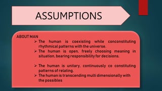 ASSUMPTIONS
ABOUT MAN
 The human is coexisting while conconstituting
rhythmical patterns with the universe.
 The human is open, freely choosing meaning in
situation, bearing responsibility for decisions.
 The human is unitary, continuously co constituting
patterns of relating.
 The human is transcending multi dimensionally with
the possibles
 