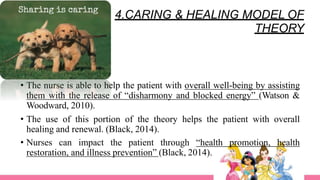 4.CARING & HEALING MODEL OF
THEORY
• The nurse is able to help the patient with overall well-being by assisting
them with the release of “disharmony and blocked energy” (Watson &
Woodward, 2010).
• The use of this portion of the theory helps the patient with overall
healing and renewal. (Black, 2014).
• Nurses can impact the patient through “health promotion, health
restoration, and illness prevention” (Black, 2014).
 