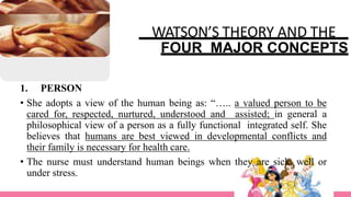 WATSON’S THEORY AND THE
FOUR MAJOR CONCEPTS
1. PERSON
• She adopts a view of the human being as: “….. a valued person to be
cared for, respected, nurtured, understood and assisted; in general a
philosophical view of a person as a fully functional integrated self. She
believes that humans are best viewed in developmental conflicts and
their family is necessary for health care.
• The nurse must understand human beings when they are sick, well or
under stress.
 