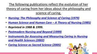 The following publications reflect the evolution of her
theory of caring from her ideas about the philosophy and
science of caring.
• Nursing: The Philosophy and Science of Caring (1979)
• Human Science and Human Care – A Theory of Nursing (1985)
• Reprinted in 1988 & 1999.
• Postmodern Nursing and Beyond (1999)
• Instruments for Assessing and Measuring Caring in Nursing
and Health Sciences (2002)
• Caring Science as Sacred Science (2005)
 