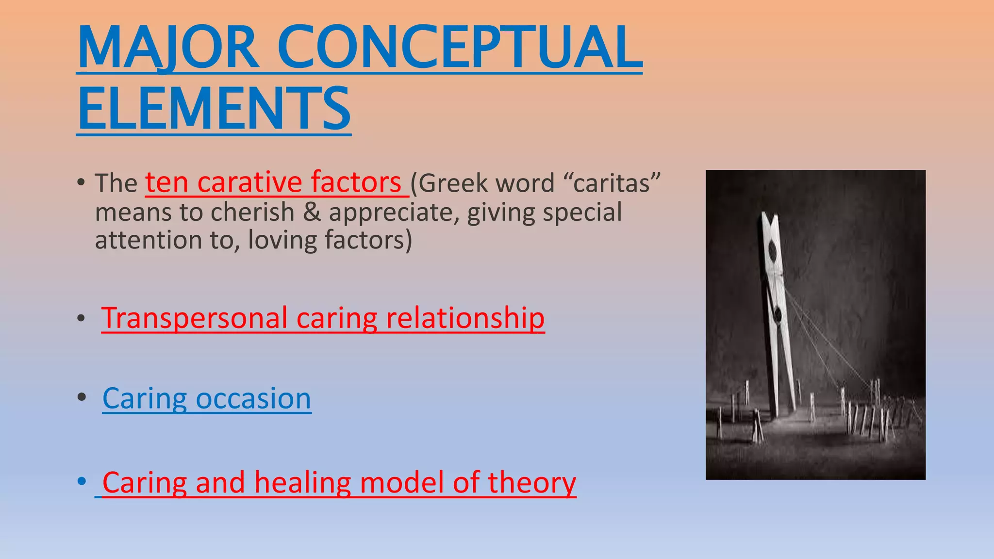 MAJOR CONCEPTUAL
ELEMENTS
• The ten carative factors (Greek word “caritas”
means to cherish & appreciate, giving special
attention to, loving factors)
• Transpersonal caring relationship
• Caring occasion
• Caring and healing model of theory
 