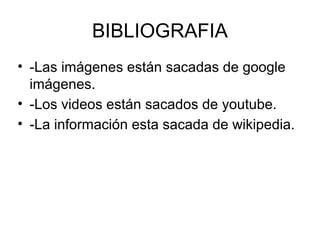 BIBLIOGRAFIA
• -Las imágenes están sacadas de google
imágenes.
• -Los videos están sacados de youtube.
• -La información esta sacada de wikipedia.
 