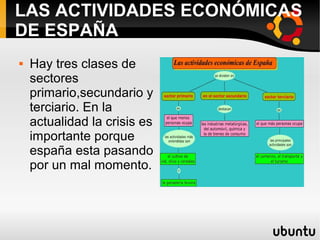 LAS ACTIVIDADES ECONÓMICAS
DE ESPAÑA
   Hay tres clases de
    sectores
    primario,secundario y
    terciario. En la
    actualidad la crisis es
    importante porque
    españa esta pasando
    por un mal momento.
 
