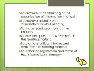 To improve understanding of the
organization of information in a text
To improve attention and
concentration while reading
To make reading a more active
process
To increase personal involvement in
the reading material
To promote critical thinking and
evaluation of reading material
To enhance registration and recall of
text information in memory
 