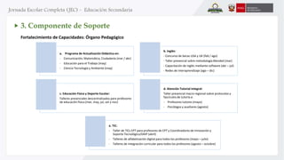 a. Programa de Actualización Didáctica en:
- Comunicación, Matemática, Ciudadanía (mar / abr)
- Educación para el Trabajo (may)
- Ciencia Tecnología y Ambiente (may)
b. Inglés:
- Concurso de becas USA y UK (feb / ago)
- Taller presencial sobre metodología Blended (mar)
- Capacitación de inglés mediante software (abr – jul)
- Redes de interaprendizaje (ago – dic)
c. Educación Física y Deporte Escolar:
Talleres presenciales descentralizados para profesores
de educación física (mar, may, jul, set y nov)
d. Atención Tutorial Integral:
Taller presencial macro regional sobre protocolos y
fascículos de tutoría a:
- Profesores tutores (mayo)
- Psicólogos y auxiliares (agosto)
e. TIC:
- Taller de TICs EPT para profesores de EPT y Coordinadores de Innovación y
Soporte Tecnológico/DAIP (abril)
- Talleres de alfabetización digital para todos los profesores (mayo – julio)
- Talleres de integración curricular para todos los profesores (agosto – octubre)
Fortalecimiento de Capacidades: Órgano Pedagógico
3. Componente de Soporte
 