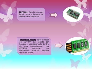 EEPROM: Esta también es
Igual pero el borrado se
realiza eléctricamente.

Memoria Flash: Tipo especial
de EEPROM que puede ser
borrada y reprogramada dentro
de
una
computadora.
Los
EEPROM
necesitan
un
dispositivo
especial
llamado
lector de PROM.

 