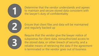 z
1
Determine that the vendor understands and agrees
to maintain and secure stored data consistent with
the lawyer’s duty of confidentiality
2 Ensure that client files and data will be maintained
and regularly backed up
3
Require that the vendor give the lawyer notice of
subpoenas for client data, nonauthorized access to
the stored data, or other breach of security, and a
reliable means of retrieving the data if the agreement
is terminated or the vendor goes out of business
 