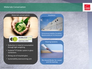 • Reduction in material consumption
through light-weighting
• Sustaina® FF binder system in glass
nonwovens
• Strong use of recycled glass
• Sustainability.owenscorning.com
© beboy / shutterstock.com
Materials conservation
Materials Conservation
Dimensional stability, Durability,
Weatherability & Fire Resistance
Insulation
Bio-based Binder for carpet
and tile backing
Flooring Systems
 