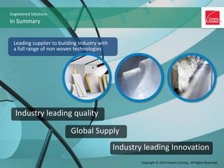 Engineered Solutions
In Summary
Leading supplier to building industry with
a full range of non woven technologies
Industry leading Innovation
Industry leading quality
Global Supply
Copyright © 2014 Owens Corning. All Rights Reserved.
 