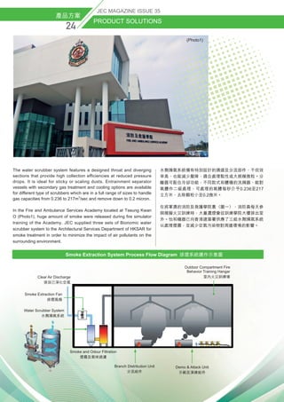 產品方案
PRODUCT SOLUTIONS
24
JEC MAGAZINE ISSUE 35
The water scrubber system features a designed throat and diverging
sections that provide high collection efficiencies at reduced pressure
drops. It is ideal for sticky or scaling dusts. Entrainment separator
vessels with secondary gas treatment and cooling options are available
for different type of scrubbers which are in a full range of sizes to handle
gas capacities from 0.236 to 217m3
/sec and remove down to 0.2 micron.
In the Fire and Ambulance Services Academy located at Tseung Kwan
O (Photo1), huge amount of smoke were released during fire simulator
training of the Academy. JEC supplied three sets of Bionomic water
scrubber system to the Architectural Services Department of HKSAR for
smoke treatment in order to minimize the impact of air pollutants on the
surrounding environment.
水劑滌氣系統備有特別設計的通道及分流部件，不但效
率高，也能減少壓降，適合處理黏性或大規模微粒。分
離器可配合冷卻功能，不同款式和體積的洗滌器，能對
氣體作二級處理，可處理的氣體每秒介乎0.236至217
立方米，去除顆粒小至0.2微米。
在將軍澳的消防及救護學院裏（圖一），消防員每天參
與模擬火災訓練時，大量濃煙會從訓練學院大樓排出室
外。怡和機器已向香港建築署供應了三組水劑滌氣系統
以處理煙霧，並減少空氣污染物對周邊環境的影響。
Smoke Extraction System Process Flow Diagram  排煙系統運作示意圖
Outdoor Compartment Fire
Behavior Training Hangar
室內火災訓練場
Demo  Attack Unit
示範及演練組件
Branch Distribution Unit
分流組件
Water Scrubber System
水劑滌氣系統
Smoke Extraction Fan
排煙風扇
Clear Air Discharge
排放已淨化空氣
Smoke and Odour Filtration
煙霧及氣味過濾
(Photo1)
 