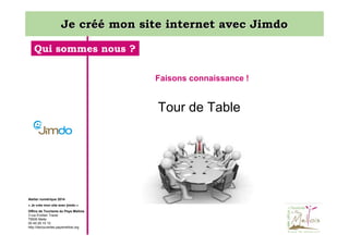 Je créé mon site internet avec Jimdo
Qui sommes nous ?
Faisons connaissance !

Tour de Table

Atelier numérique 2014
« Je crée mon site avec jimdo »
Office de Tourisme du Pays Mellois
3 rue Emilien Traver
79500 Melle
05 49 29 15 10
http://decouvertes.paysmellois.org

 