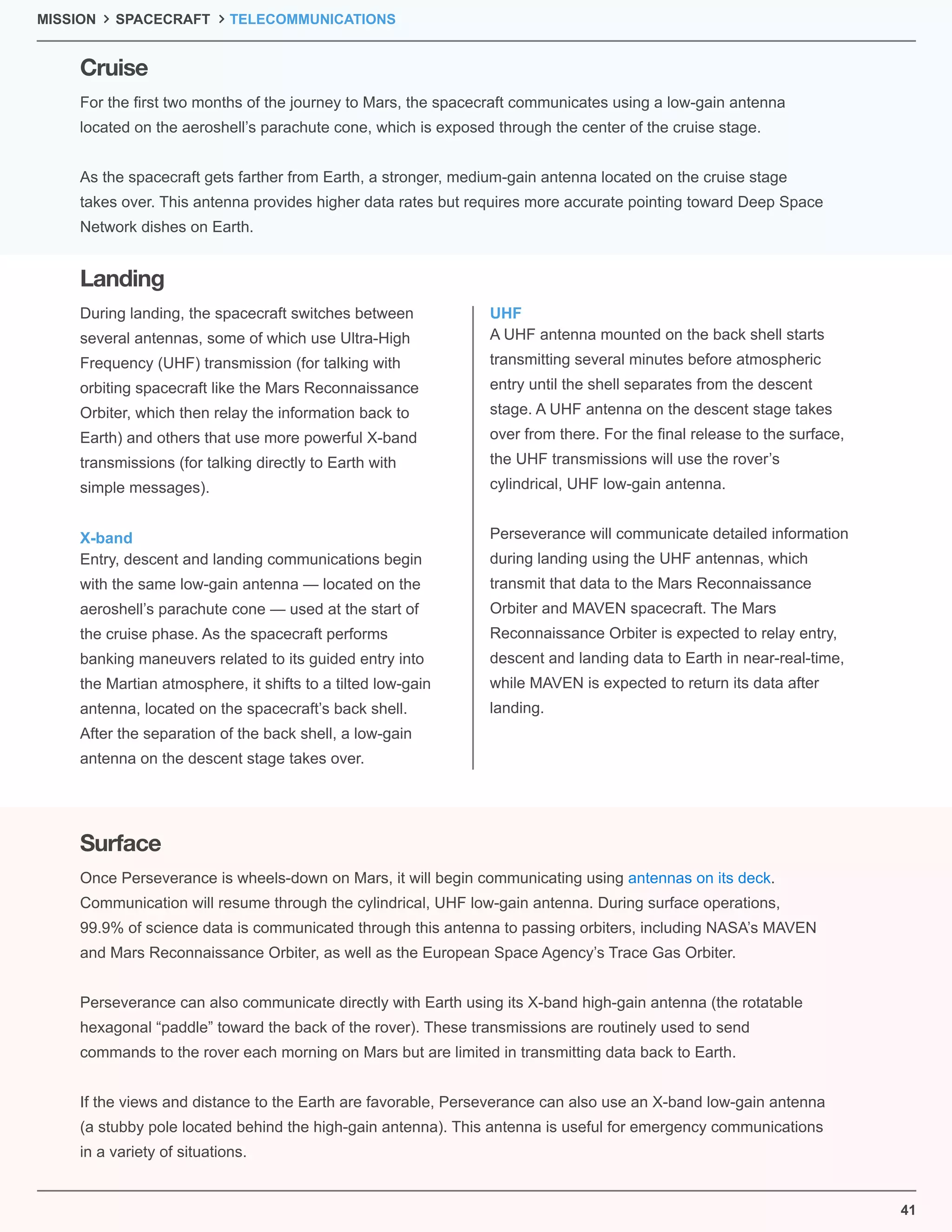 41
For the ﬁrst two months of the journey to Mars, the spacecraft communicates using a low-gain antenna
located on the aeroshell’s parachute cone, which is exposed through the center of the cruise stage.
As the spacecraft gets farther from Earth, a stronger, medium-gain antenna located on the cruise stage
takes over. This antenna provides higher data rates but requires more accurate pointing toward Deep Space
Network dishes on Earth.
During landing, the spacecraft switches between
several antennas, some of which use Ultra-High
Frequency (UHF) transmission (for talking with
orbiting spacecraft like the Mars Reconnaissance
Orbiter, which then relay the information back to
Earth) and others that use more powerful X-band
transmissions (for talking directly to Earth with
simple messages).
Once Perseverance is wheels-down on Mars, it will begin communicating using antennas on its deck.
Communication will resume through the cylindrical, UHF low-gain antenna. During surface operations,
99.9% of science data is communicated through this antenna to passing orbiters, including NASA’s MAVEN
and Mars Reconnaissance Orbiter, as well as the European Space Agency’s Trace Gas Orbiter.
Perseverance can also communicate directly with Earth using its X-band high-gain antenna (the rotatable
hexagonal “paddle” toward the back of the rover). These transmissions are routinely used to send
commands to the rover each morning on Mars but are limited in transmitting data back to Earth.
If the views and distance to the Earth are favorable, Perseverance can also use an X-band low-gain antenna
(a stubby pole located behind the high-gain antenna). This antenna is useful for emergency communications
in a variety of situations.
X-band
UHF
Entry, descent and landing communications begin
with the same low-gain antenna — located on the
aeroshell’s parachute cone — used at the start of
the cruise phase. As the spacecraft performs
banking maneuvers related to its guided entry into
the Martian atmosphere, it shifts to a tilted low-gain
antenna, located on the spacecraft’s back shell.
After the separation of the back shell, a low-gain
antenna on the descent stage takes over.
A UHF antenna mounted on the back shell starts
transmitting several minutes before atmospheric
entry until the shell separates from the descent
stage. A UHF antenna on the descent stage takes
over from there. For the ﬁnal release to the surface,
the UHF transmissions will use the rover’s
cylindrical, UHF low-gain antenna.
Perseverance will communicate detailed information
during landing using the UHF antennas, which
transmit that data to the Mars Reconnaissance
Orbiter and MAVEN spacecraft. The Mars
Reconnaissance Orbiter is expected to relay entry,
descent and landing data to Earth in near-real-time,
while MAVEN is expected to return its data after
landing.
Cruise
Landing
Surface
MISSION SPACECRAFT TELECOMMUNICATIONS
 