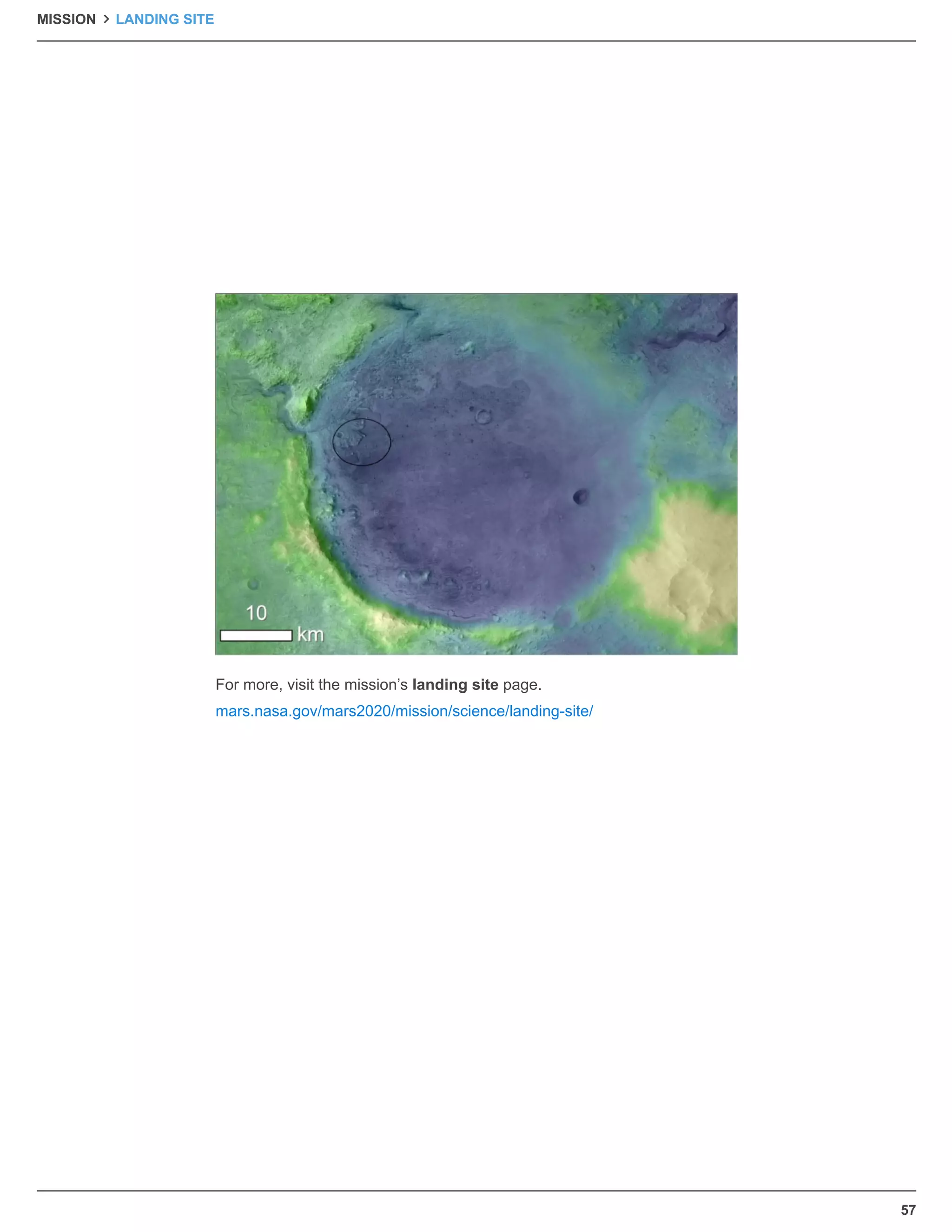 57
MISSION LANDING SITE
For more, visit the mission’s landing site page.
mars.nasa.gov/mars2020/mission/science/landing-site/
 