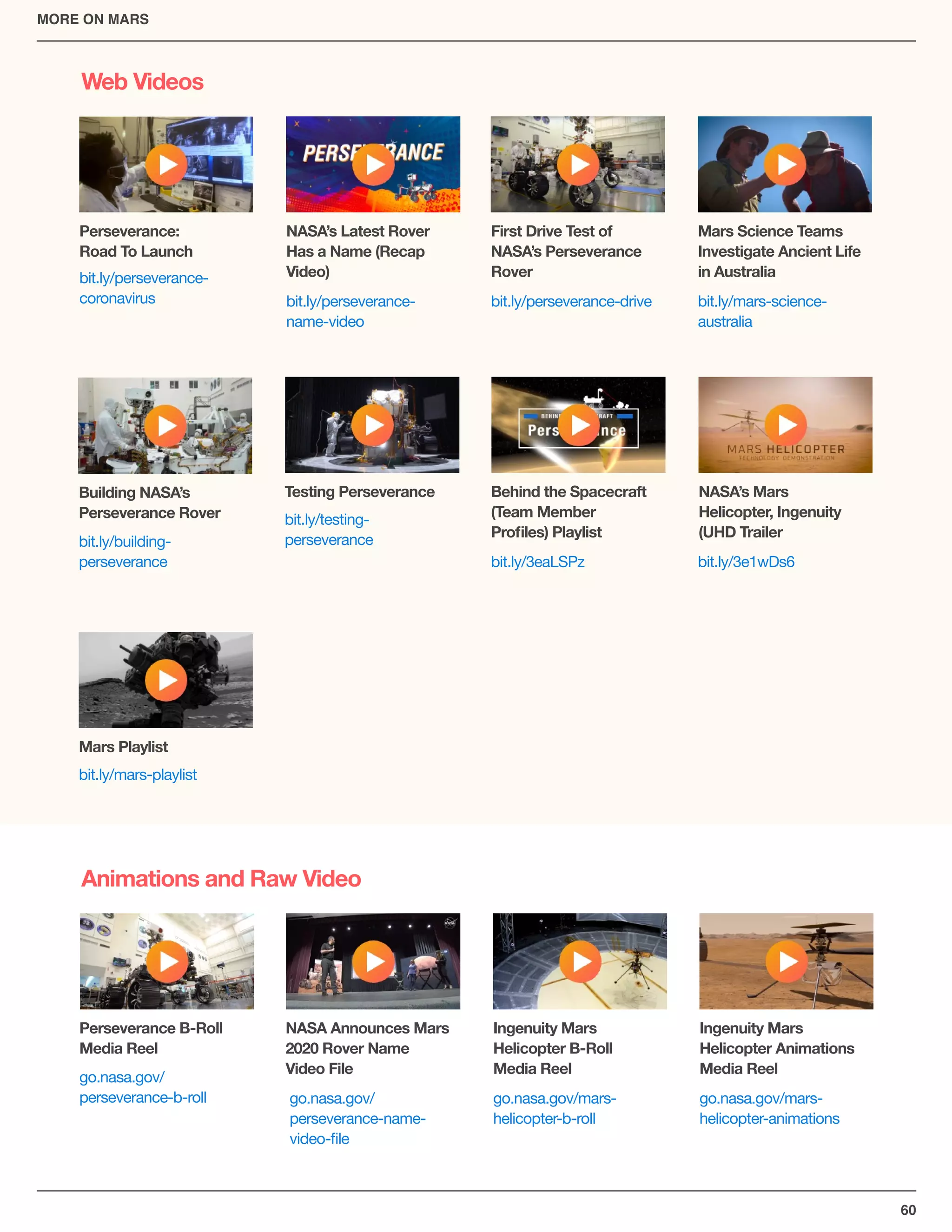 60
MORE ON MARS
Web Videos
Animations and Raw Video
Perseverance:
Road To Launch
NASA’s Latest Rover
Has a Name (Recap
Video)
Testing Perseverance
Perseverance B-Roll
Media Reel
First Drive Test of
NASA’s Perseverance
Rover
Behind the Spacecraft
(Team Member
Proﬁles) Playlist
NASA Announces Mars
2020 Rover Name
Video File
Mars Science Teams
Investigate Ancient Life
in Australia
NASA’s Mars
Helicopter, Ingenuity
(UHD Trailer
Ingenuity Mars
Helicopter B-Roll
Media Reel
Building NASA’s
Perseverance Rover
Mars Playlist
Ingenuity Mars
Helicopter Animations
Media Reel
bit.ly/perseverance-
coronavirus bit.ly/perseverance-

name-video
bit.ly/testing-

perseverance
go.nasa.gov/

perseverance-b-roll go.nasa.gov/

perseverance-name-

video-ﬁle
go.nasa.gov/mars-

helicopter-b-roll
go.nasa.gov/mars-

helicopter-animations
bit.ly/perseverance-drive

bit.ly/3eaLSPz
bit.ly/mars-science-

australia
bit.ly/3e1wDs6
bit.ly/building-

perseverance
bit.ly/mars-playlist
 