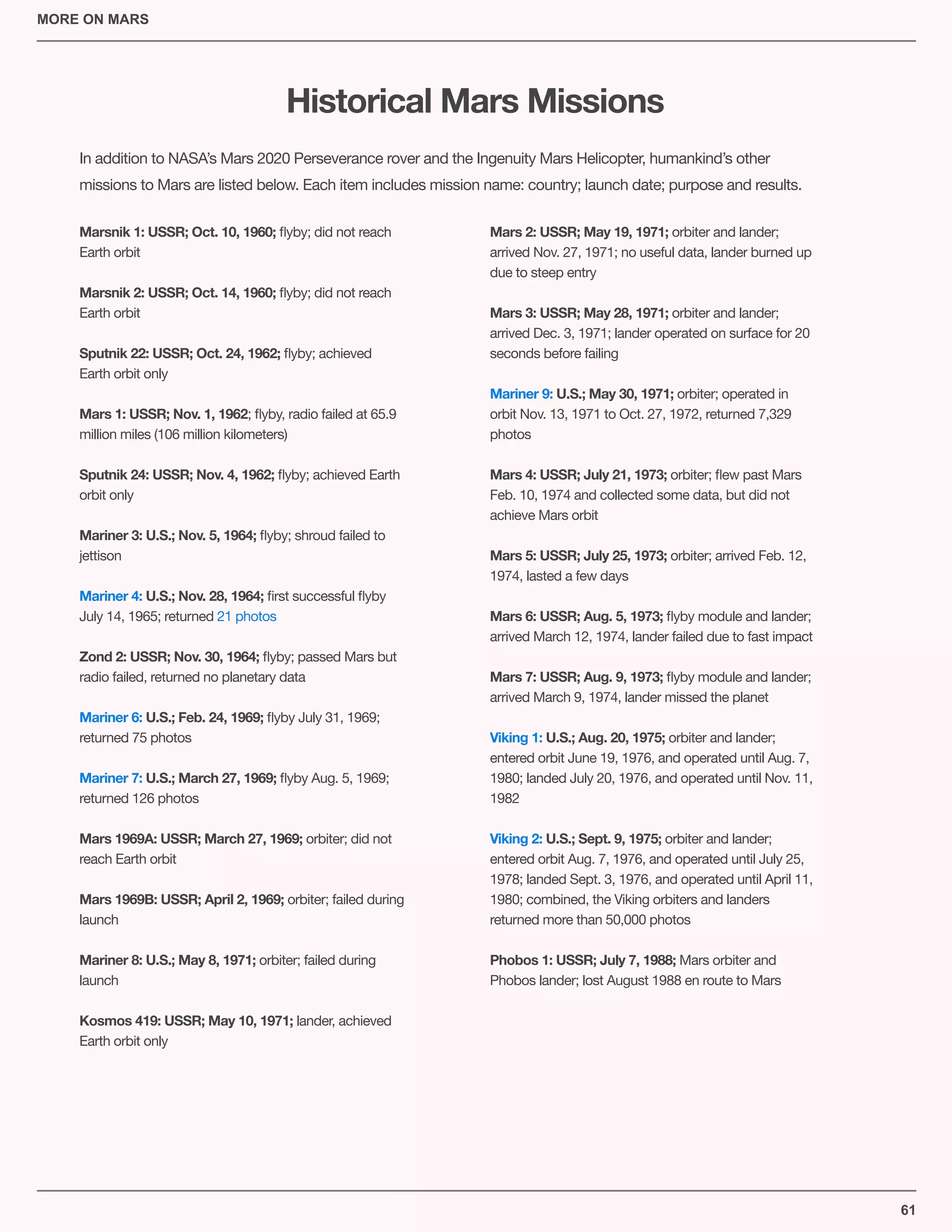 61
MORE ON MARS
Historical Mars Missions
In addition to NASA’s Mars 2020 Perseverance rover and the Ingenuity Mars Helicopter, humankind’s other 

missions to Mars are listed below. Each item includes mission name: country; launch date; purpose and results.
Marsnik 1: USSR; Oct. 10, 1960; ﬂyby; did not reach 

Earth orbit

Marsnik 2: USSR; Oct. 14, 1960; ﬂyby; did not reach 

Earth orbit

Sputnik 22: USSR; Oct. 24, 1962; ﬂyby; achieved 

Earth orbit only

Mars 1: USSR; Nov. 1, 1962; ﬂyby, radio failed at 65.9 

million miles (106 million kilometers)

Sputnik 24: USSR; Nov. 4, 1962; ﬂyby; achieved Earth 

orbit only

Mariner 3: U.S.; Nov. 5, 1964; ﬂyby; shroud failed to 

jettison

Mariner 4: U.S.; Nov. 28, 1964; ﬁrst successful ﬂyby 

July 14, 1965; returned 21 photos

Zond 2: USSR; Nov. 30, 1964; ﬂyby; passed Mars but 

radio failed, returned no planetary data

Mariner 6: U.S.; Feb. 24, 1969; ﬂyby July 31, 1969; 

returned 75 photos

Mariner 7: U.S.; March 27, 1969; ﬂyby Aug. 5, 1969; 

returned 126 photos

Mars 1969A: USSR; March 27, 1969; orbiter; did not 

reach Earth orbit

Mars 1969B: USSR; April 2, 1969; orbiter; failed during 

launch

Mariner 8: U.S.; May 8, 1971; orbiter; failed during 

launch

Kosmos 419: USSR; May 10, 1971; lander, achieved 

Earth orbit only

Mars 2: USSR; May 19, 1971; orbiter and lander; 

arrived Nov. 27, 1971; no useful data, lander burned up 

due to steep entry

Mars 3: USSR; May 28, 1971; orbiter and lander; 

arrived Dec. 3, 1971; lander operated on surface for 20 

seconds before failing

Mariner 9: U.S.; May 30, 1971; orbiter; operated in 

orbit Nov. 13, 1971 to Oct. 27, 1972, returned 7,329 

photos

Mars 4: USSR; July 21, 1973; orbiter; ﬂew past Mars 

Feb. 10, 1974 and collected some data, but did not 

achieve Mars orbit

Mars 5: USSR; July 25, 1973; orbiter; arrived Feb. 12, 

1974, lasted a few days

Mars 6: USSR; Aug. 5, 1973; ﬂyby module and lander; 

arrived March 12, 1974, lander failed due to fast impact

Mars 7: USSR; Aug. 9, 1973; ﬂyby module and lander; 

arrived March 9, 1974, lander missed the planet

Viking 1: U.S.; Aug. 20, 1975; orbiter and lander; 

entered orbit June 19, 1976, and operated until Aug. 7, 

1980; landed July 20, 1976, and operated until Nov. 11, 

1982

Viking 2: U.S.; Sept. 9, 1975; orbiter and lander; 

entered orbit Aug. 7, 1976, and operated until July 25, 

1978; landed Sept. 3, 1976, and operated until April 11, 

1980; combined, the Viking orbiters and landers 

returned more than 50,000 photos

Phobos 1: USSR; July 7, 1988; Mars orbiter and 

Phobos lander; lost August 1988 en route to Mars

 
