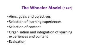 The Wheeler Model (1967)
•Aims, goals and objectives
•Selection of learning experiences
•Selection of content
•Organisation and integration of learning
experiences and content
•Evaluation
 