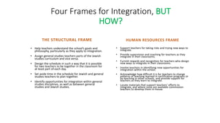 THE STRUCTURAL FRAME
• Help teachers understand the school’s goals and
philosophy, particularly as they apply to integration.
• Assign general-studies teachers parts of the Jewish
studies curriculum and vice versa.
• Design the schedule in such a way that it is possible
for two teachers to be together in the classroom for
at least part of each day.
• Set aside time in the schedule for Jewish and general
studies teachers to plan together.
• Identify opportunities for integration within general
studies disciplines, as well as between general
studies and Jewish studies.
• Support teachers for taking risks and trying new ways to
integrate.
• Provide supervision and coaching for teachers as they
integrate in their classrooms.
• Furnish rewards and recognition for teachers who design
new ways to integrate in their classrooms.
• Involve teachers in identifying new opportunities for
integration within the school.
• Acknowledge how difficult it is for teachers to change
patterns of teaching learned in certification programs or
by teaching in other schools, and provide support for
teachers as they learn to integrate.
• Locate materials that support teachers’ efforts to
integrate, and where none are available commission
teachers to develop them in-house.
HUMAN RESOURCES FRAME
Four Frames for Integration, BUT
HOW?
 