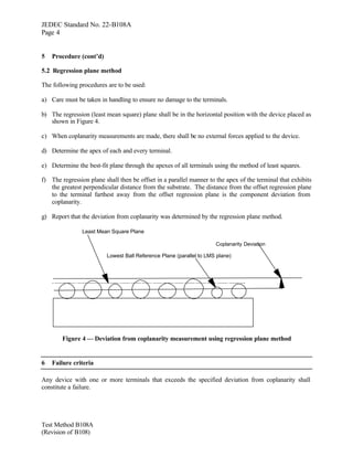 JEDEC Standard No. 22-B108A
Page 4


5   Procedure (cont’d)

5.2 Regression plane method

The following procedures are to be used:

a) Care must be taken in handling to ensure no damage to the terminals.

b) The regression (least mean square) plane shall be in the horizontal position with the device placed as
   shown in Figure 4.

c) When coplanarity measurements are made, there shall be no external forces applied to the device.

d) Determine the apex of each and every terminal.

e) Determine the best-fit plane through the apexes of all terminals using the method of least squares.

f) The regression plane shall then be offset in a parallel manner to the apex of the terminal that exhibits
   the greatest perpendicular distance from the substrate. The distance from the offset regression plane
   to the terminal farthest away from the offset regression plane is the component deviation from
   coplanarity.

g) Report that the deviation from coplanarity was determined by the regression plane method.

                Least Mean Square Plane

                                                                     Coplanarity Deviation

                         Lowest Ball Reference Plane (parallel to LMS plane)




        Figure 4 — Deviation from coplanarity measurement using regression plane method


6   Failure criteria

Any device with one or more terminals that exceeds the specified deviation from coplanarity shall
constitute a failure.




Test Method B108A
(Revision of B108)
 