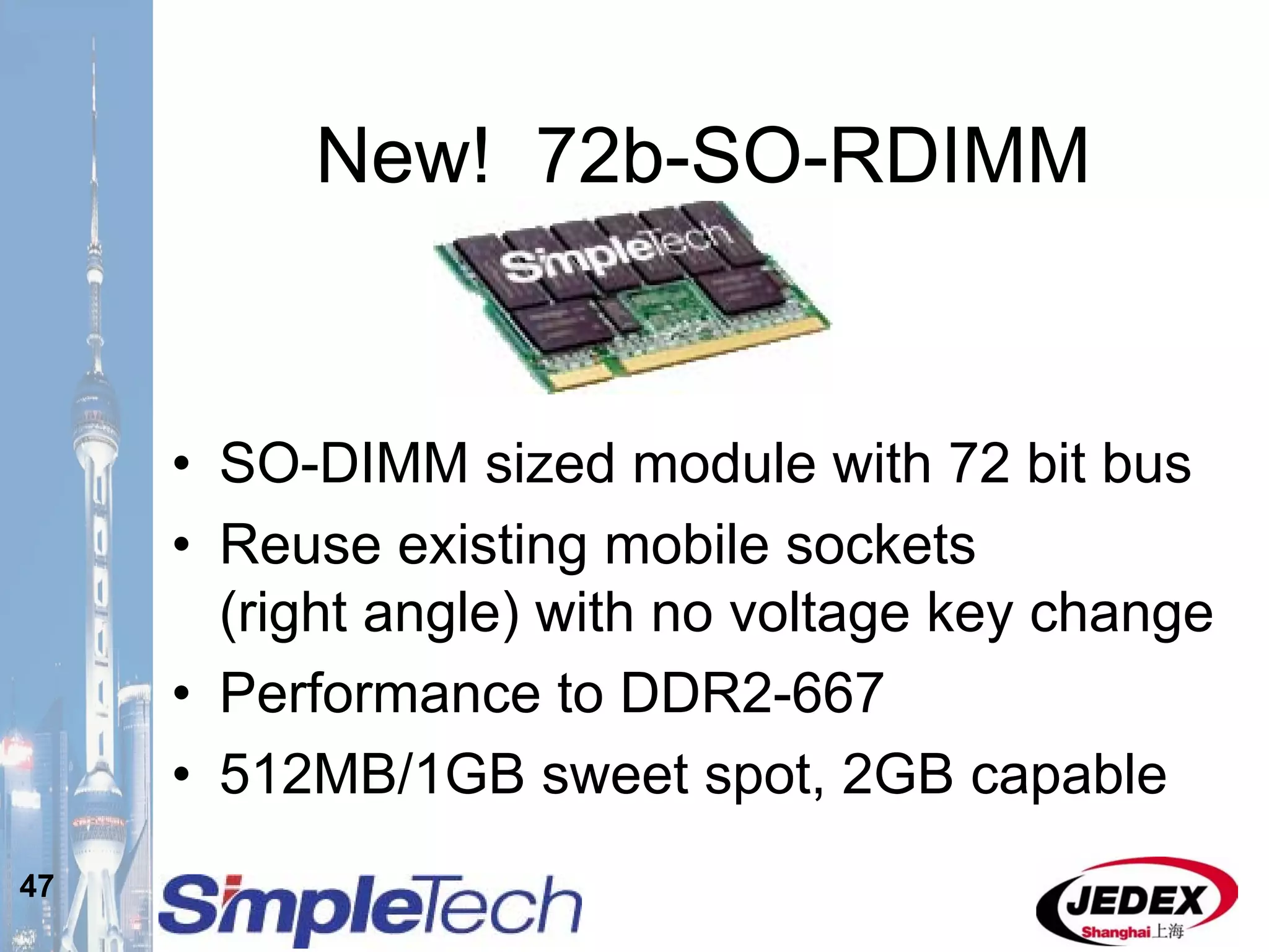 47
New! 72b-SO-RDIMM
• SO-DIMM sized module with 72 bit bus
• Reuse existing mobile sockets
(right angle) with no voltage key change
• Performance to DDR2-667
• 512MB/1GB sweet spot, 2GB capable
 
