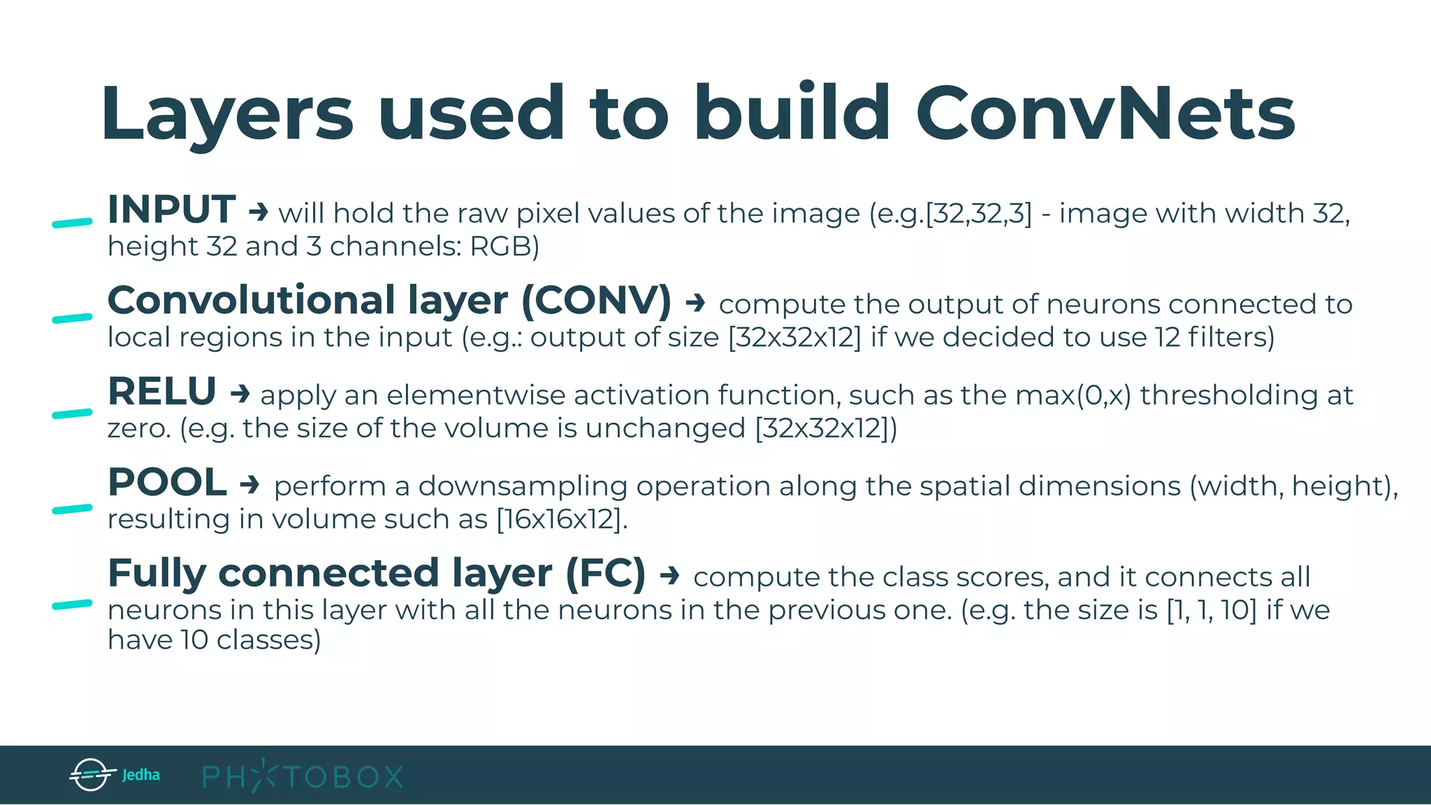 Layers used to build ConvNets
INPUT → will hold the raw pixel values of the image (e.g.[32,32,3] - image with width 32,
height 32 and 3 channels: RGB)
Convolutional layer (CONV) → compute the output of neurons connected to
local regions in the input (e.g.: output of size [32x32x12] if we decided to use 12 ﬁlters)
RELU → apply an elementwise activation function, such as the max(0,x) thresholding at
zero. (e.g. the size of the volume is unchanged [32x32x12])
POOL → perform a downsampling operation along the spatial dimensions (width, height),
resulting in volume such as [16x16x12].
Fully connected layer (FC) → compute the class scores, and it connects all
neurons in this layer with all the neurons in the previous one. (e.g. the size is [1, 1, 10] if we
have 10 classes)
 