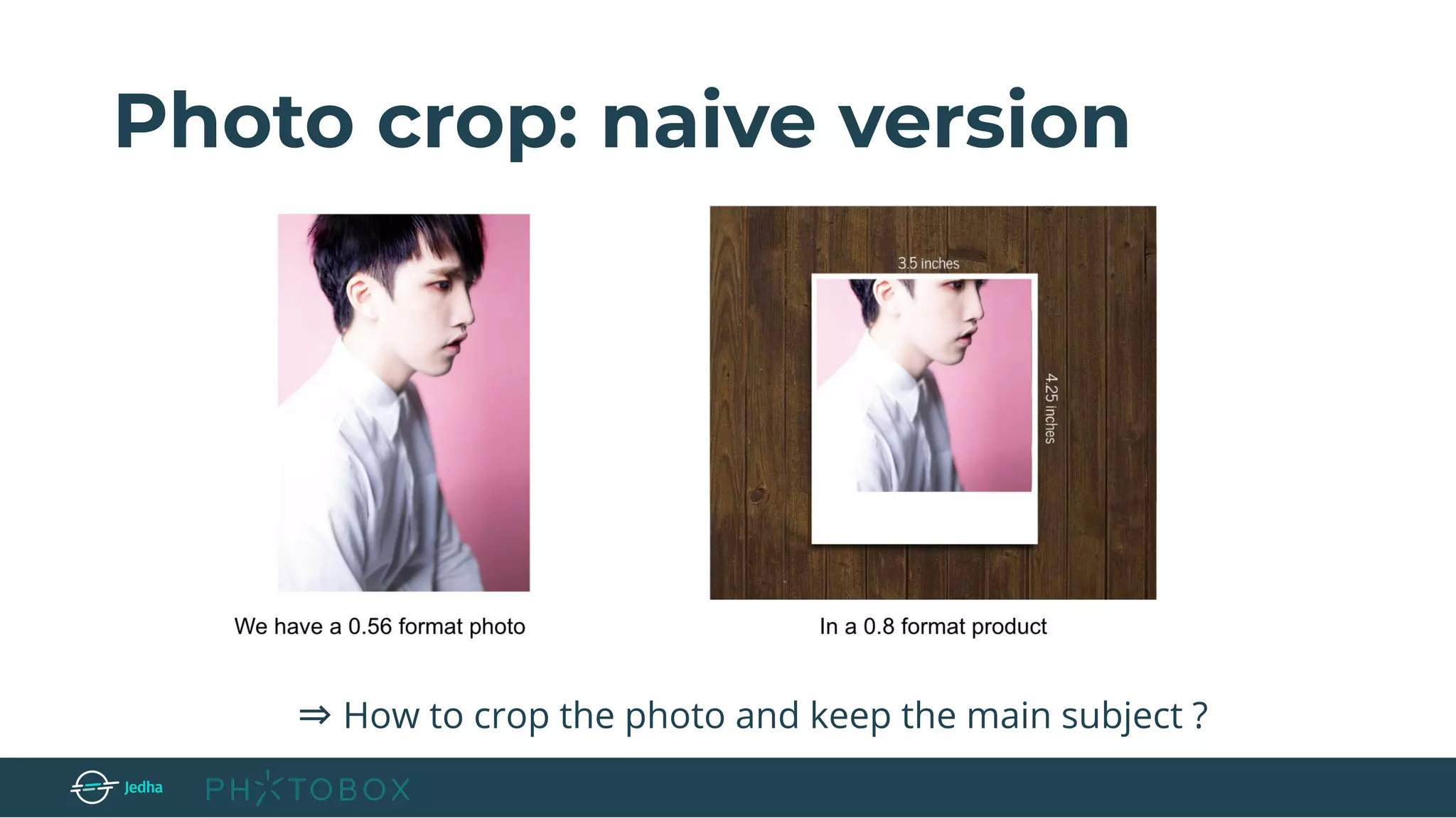 Photo crop: naive version
⇒ How to crop the photo and keep the main subject ?
 