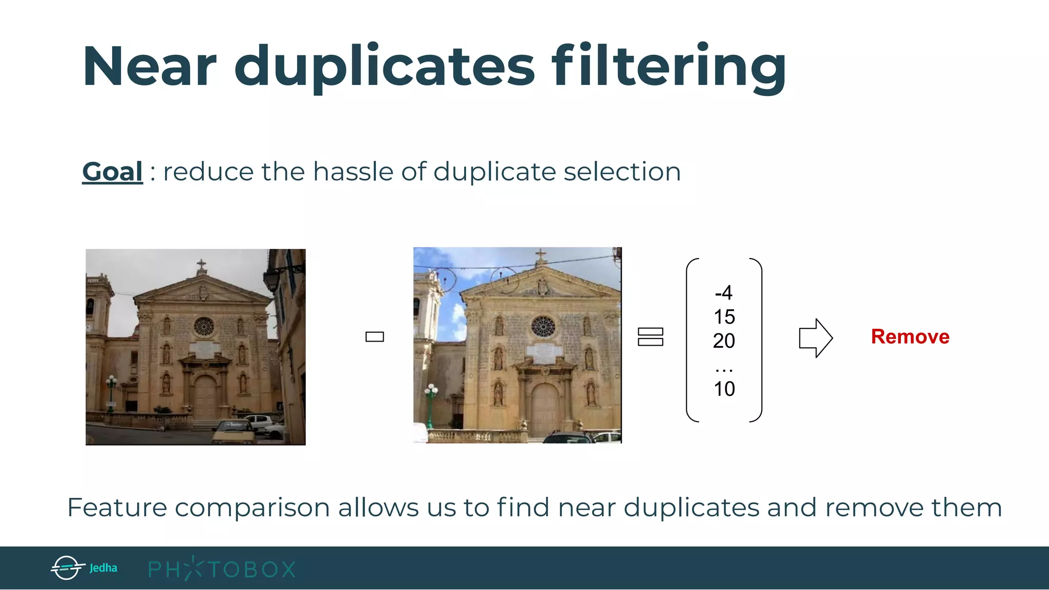 Near duplicates ﬁltering
-4
15
20
…
10
Remove
Feature comparison allows us to ﬁnd near duplicates and remove them
Goal : reduce the hassle of duplicate selection
 