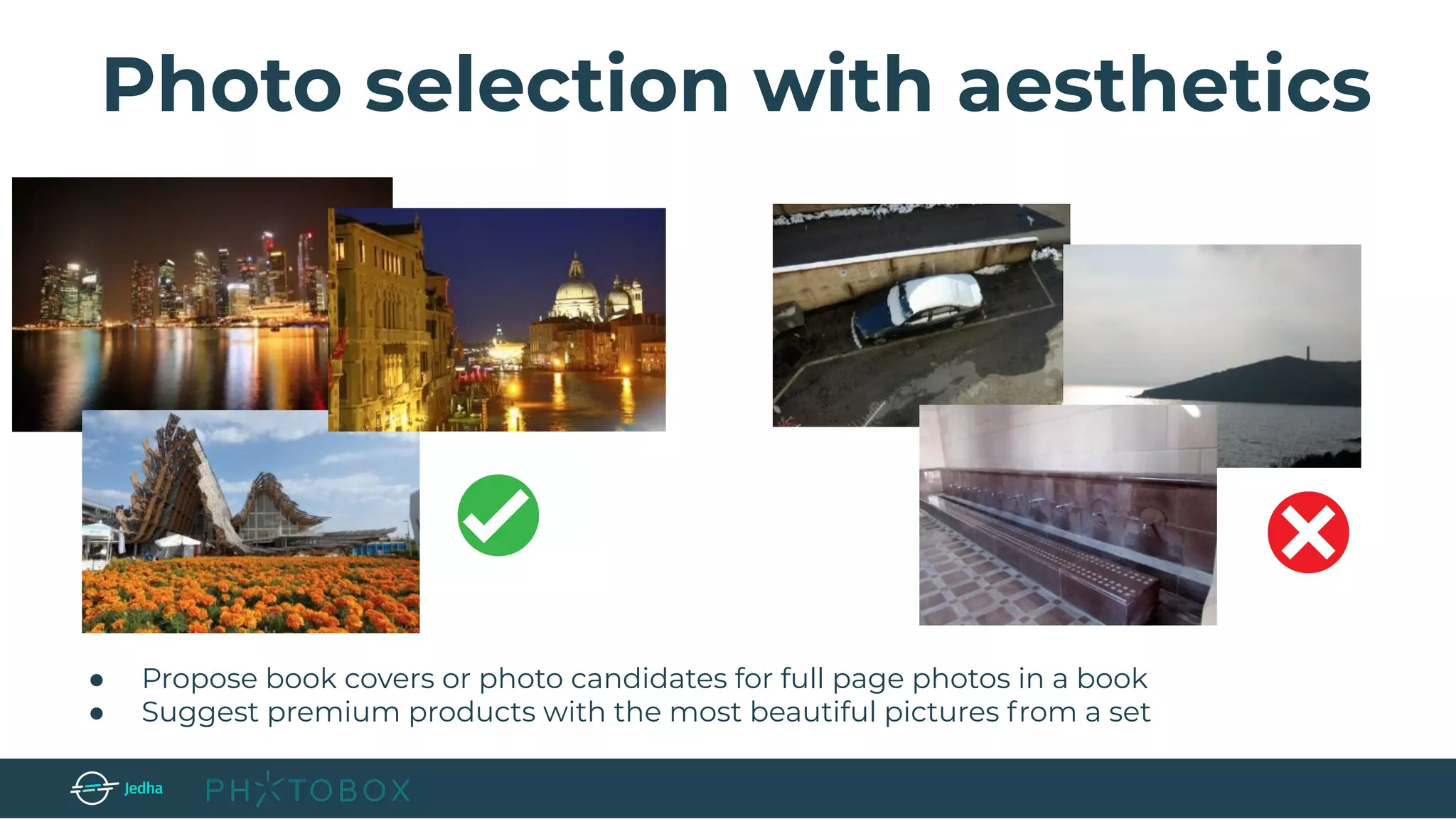 Photo selection with aesthetics
● Propose book covers or photo candidates for full page photos in a book
● Suggest premium products with the most beautiful pictures from a set
 