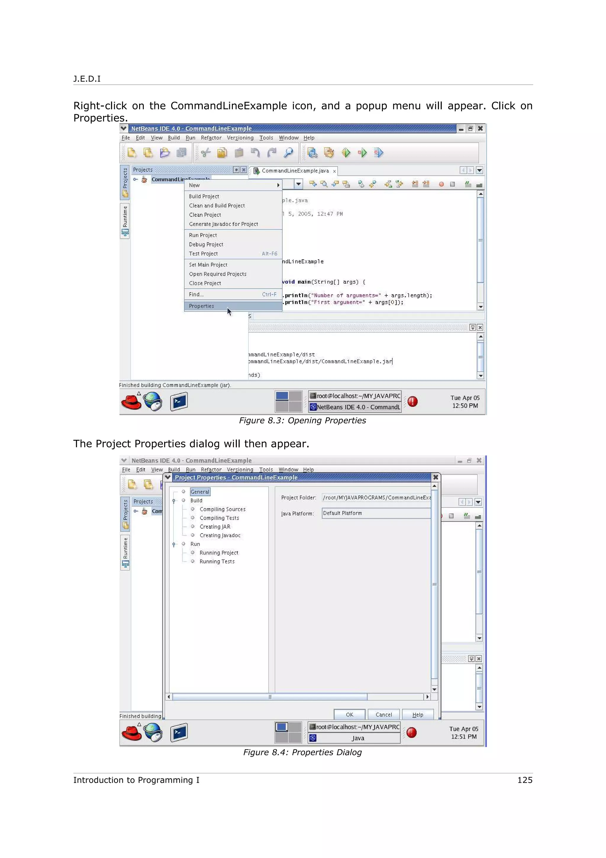 J.E.D.I
Right-click on the CommandLineExample icon, and a popup menu will appear. Click on
Properties.
The Project Properties dialog will then appear.
Introduction to Programming I 125
Figure 8.3: Opening Properties
Figure 8.4: Properties Dialog
 