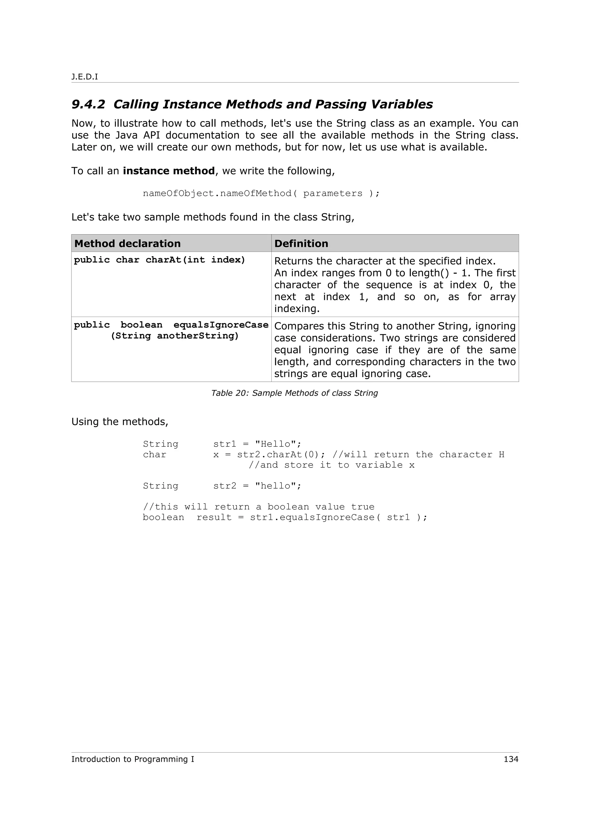 J.E.D.I
9.4.2 Calling Instance Methods and Passing Variables
Now, to illustrate how to call methods, let's use the String class as an example. You can
use the Java API documentation to see all the available methods in the String class.
Later on, we will create our own methods, but for now, let us use what is available.
To call an instance method, we write the following,
nameOfObject.nameOfMethod( parameters );
Let's take two sample methods found in the class String,
Method declaration Definition
public char charAt(int index) Returns the character at the specified index.
An index ranges from 0 to length() - 1. The first
character of the sequence is at index 0, the
next at index 1, and so on, as for array
indexing.
public boolean equalsIgnoreCase
(String anotherString)
Compares this String to another String, ignoring
case considerations. Two strings are considered
equal ignoring case if they are of the same
length, and corresponding characters in the two
strings are equal ignoring case.
Table 20: Sample Methods of class String
Using the methods,
String str1 = "Hello";
char x = str2.charAt(0); //will return the character H
//and store it to variable x
String str2 = "hello";
//this will return a boolean value true
boolean result = str1.equalsIgnoreCase( str1 );
Introduction to Programming I 134
 