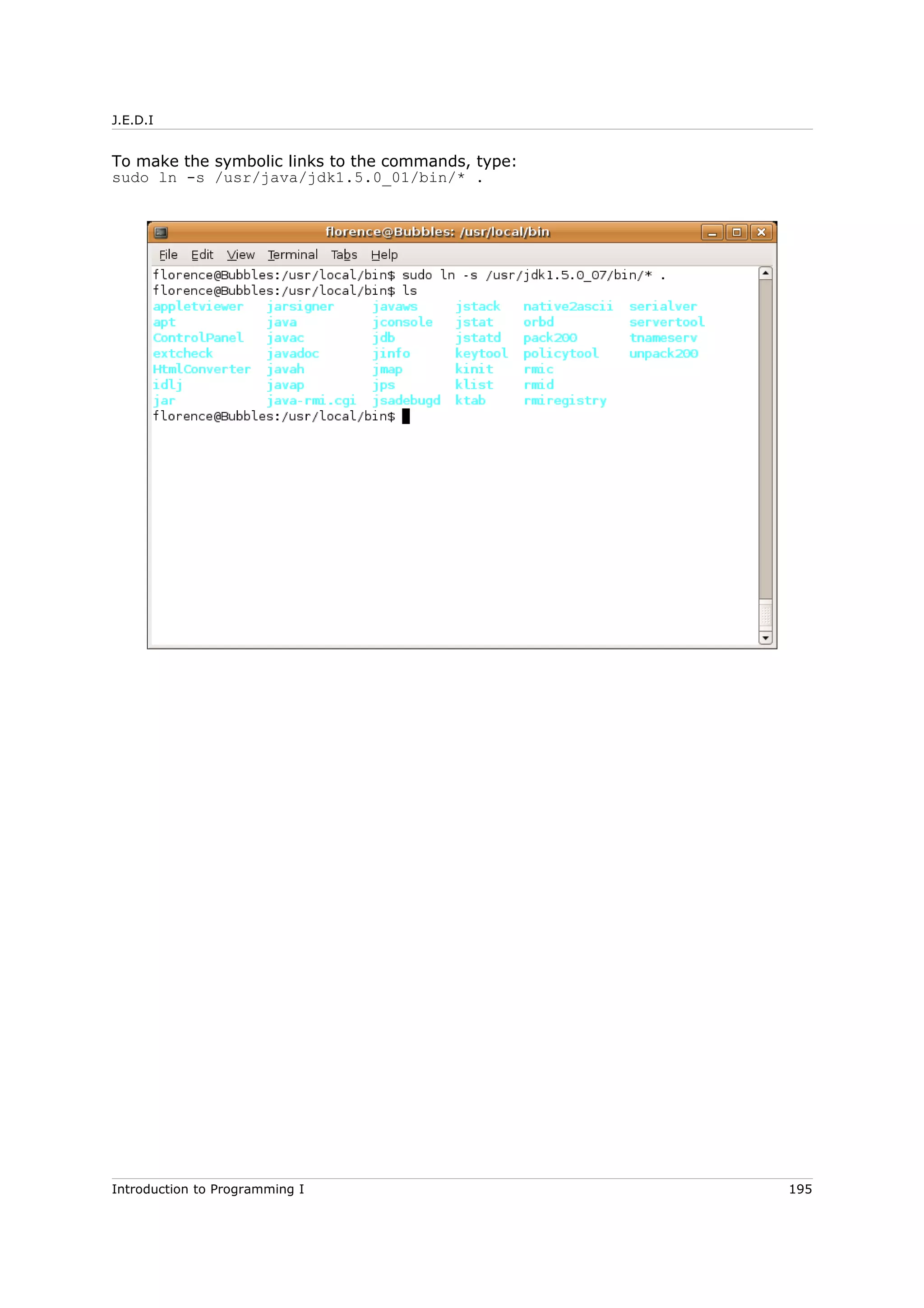 J.E.D.I
To make the symbolic links to the commands, type:
sudo ln -s /usr/java/jdk1.5.0_01/bin/* .
Introduction to Programming I 195
 