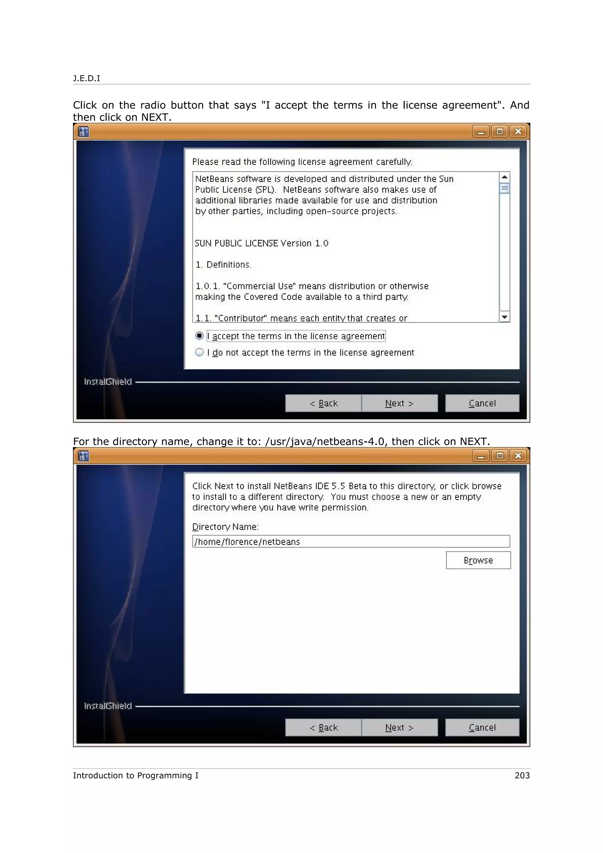 J.E.D.I
Click on the radio button that says "I accept the terms in the license agreement". And
then click on NEXT.
For the directory name, change it to: /usr/java/netbeans-4.0, then click on NEXT.
Introduction to Programming I 203
 