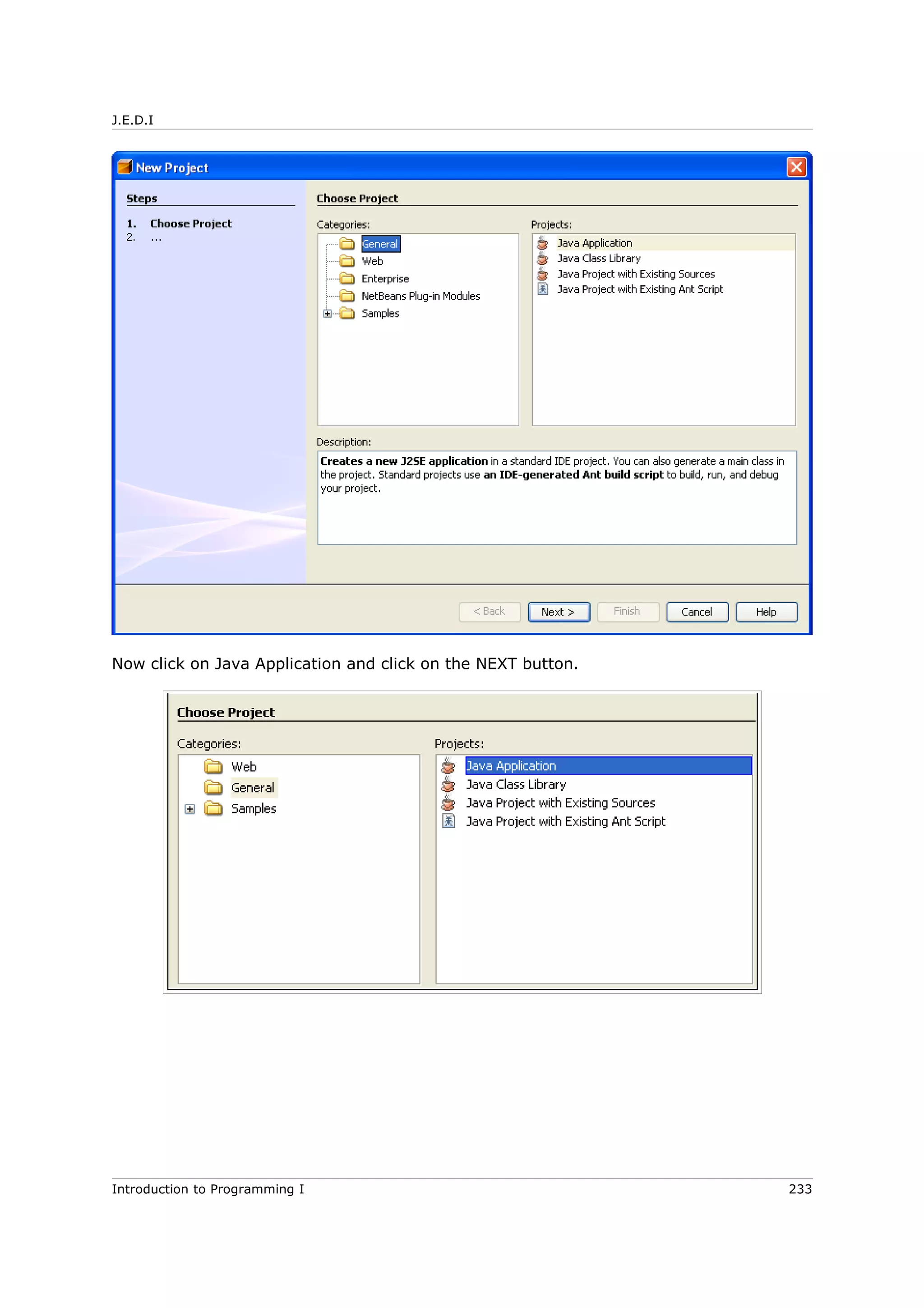 J.E.D.I
Now click on Java Application and click on the NEXT button.
Introduction to Programming I 233
 