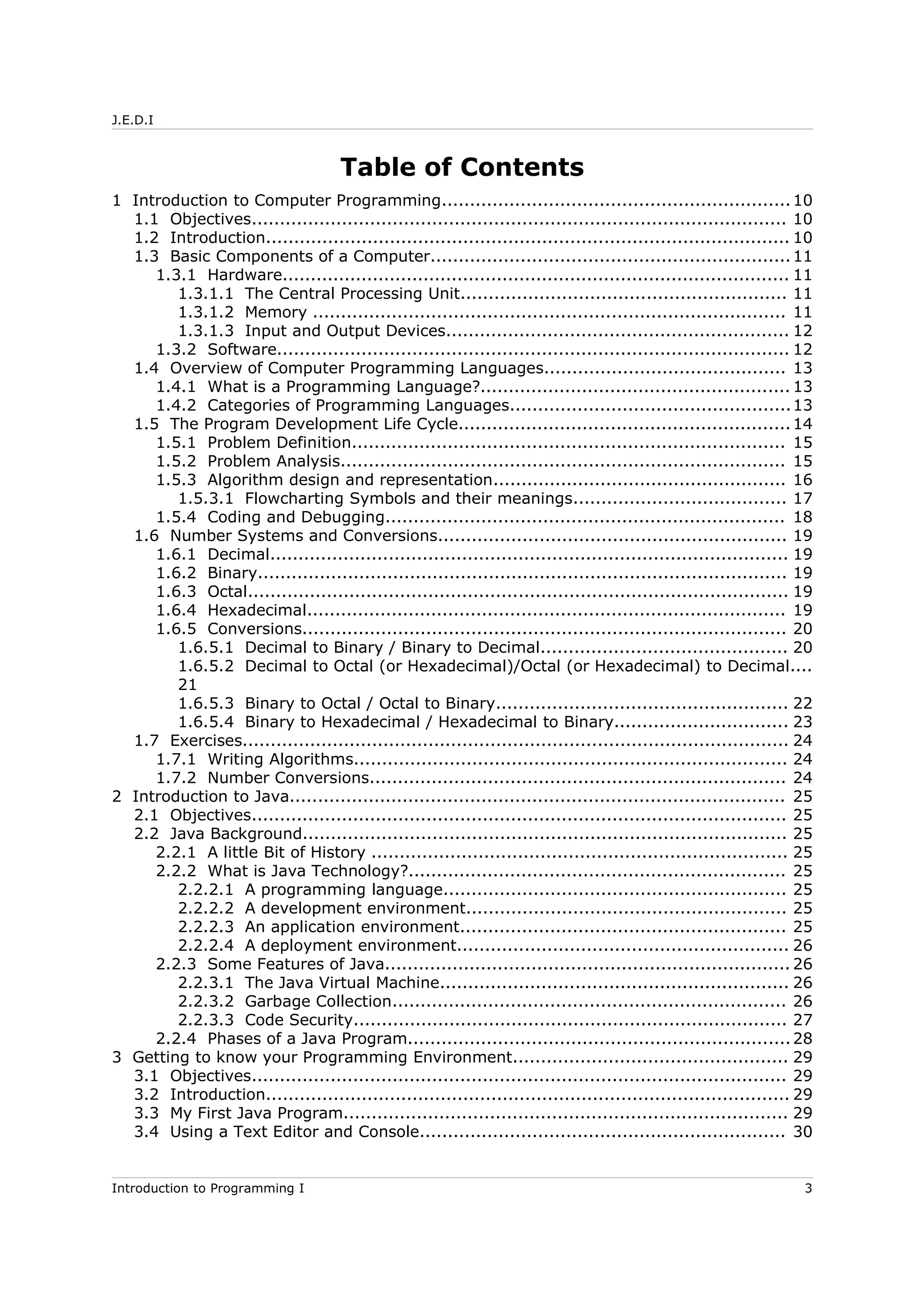 J.E.D.I
Table of Contents
1 Introduction to Computer Programming..............................................................10
1.1 Objectives............................................................................................... 10
1.2 Introduction............................................................................................. 10
1.3 Basic Components of a Computer................................................................11
1.3.1 Hardware.......................................................................................... 11
1.3.1.1 The Central Processing Unit.......................................................... 11
1.3.1.2 Memory .................................................................................... 11
1.3.1.3 Input and Output Devices............................................................. 12
1.3.2 Software........................................................................................... 12
1.4 Overview of Computer Programming Languages........................................... 13
1.4.1 What is a Programming Language?....................................................... 13
1.4.2 Categories of Programming Languages..................................................13
1.5 The Program Development Life Cycle...........................................................14
1.5.1 Problem Definition............................................................................. 15
1.5.2 Problem Analysis............................................................................... 15
1.5.3 Algorithm design and representation.................................................... 16
1.5.3.1 Flowcharting Symbols and their meanings...................................... 17
1.5.4 Coding and Debugging....................................................................... 18
1.6 Number Systems and Conversions.............................................................. 19
1.6.1 Decimal............................................................................................ 19
1.6.2 Binary.............................................................................................. 19
1.6.3 Octal................................................................................................ 19
1.6.4 Hexadecimal..................................................................................... 19
1.6.5 Conversions...................................................................................... 20
1.6.5.1 Decimal to Binary / Binary to Decimal............................................ 20
1.6.5.2 Decimal to Octal (or Hexadecimal)/Octal (or Hexadecimal) to Decimal....
21
1.6.5.3 Binary to Octal / Octal to Binary.................................................... 22
1.6.5.4 Binary to Hexadecimal / Hexadecimal to Binary............................... 23
1.7 Exercises................................................................................................. 24
1.7.1 Writing Algorithms............................................................................. 24
1.7.2 Number Conversions.......................................................................... 24
2 Introduction to Java........................................................................................ 25
2.1 Objectives............................................................................................... 25
2.2 Java Background...................................................................................... 25
2.2.1 A little Bit of History .......................................................................... 25
2.2.2 What is Java Technology?................................................................... 25
2.2.2.1 A programming language............................................................. 25
2.2.2.2 A development environment......................................................... 25
2.2.2.3 An application environment.......................................................... 25
2.2.2.4 A deployment environment........................................................... 26
2.2.3 Some Features of Java........................................................................ 26
2.2.3.1 The Java Virtual Machine.............................................................. 26
2.2.3.2 Garbage Collection...................................................................... 26
2.2.3.3 Code Security............................................................................. 27
2.2.4 Phases of a Java Program....................................................................28
3 Getting to know your Programming Environment................................................. 29
3.1 Objectives............................................................................................... 29
3.2 Introduction............................................................................................. 29
3.3 My First Java Program............................................................................... 29
3.4 Using a Text Editor and Console................................................................. 30
Introduction to Programming I 3
 