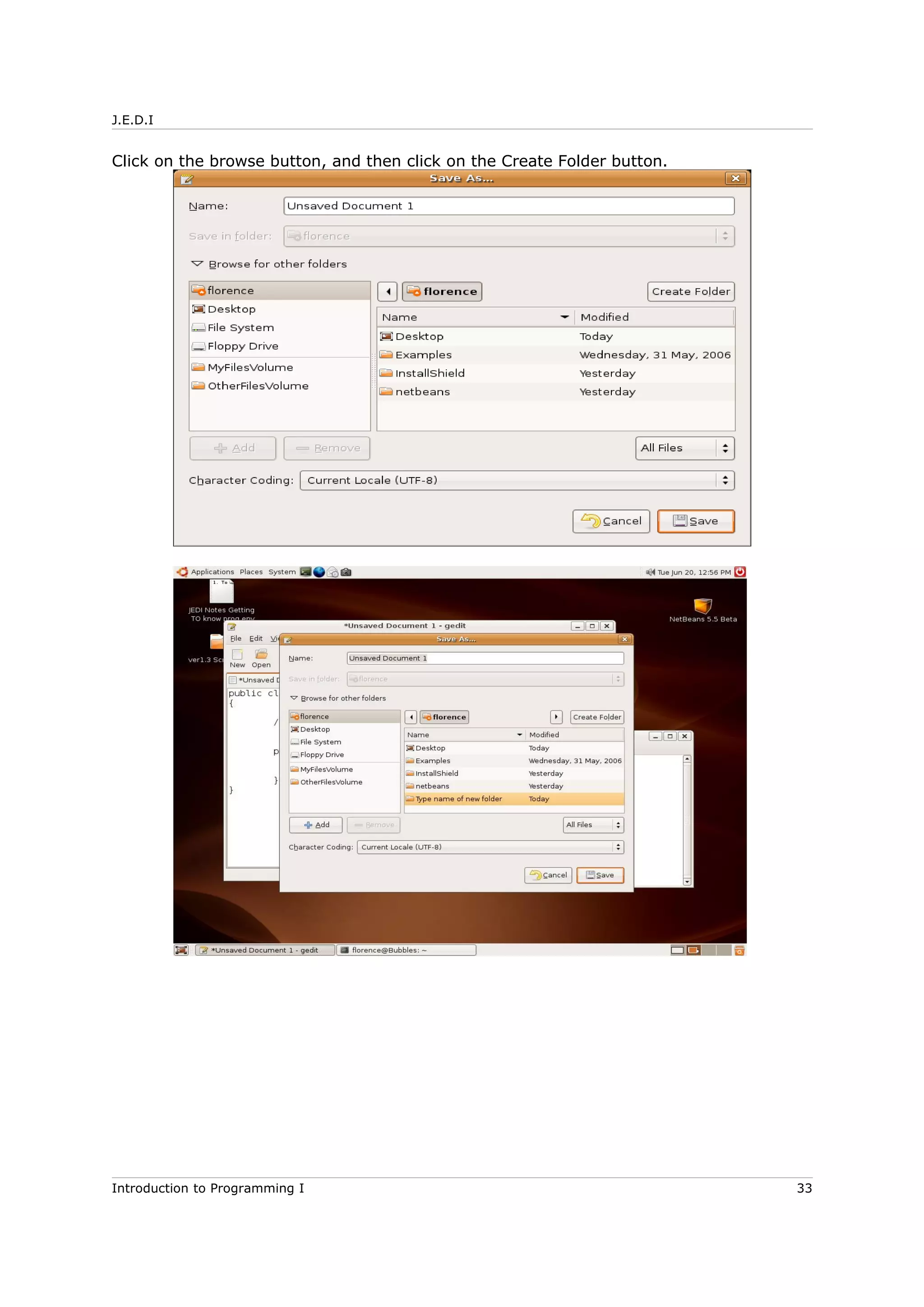 J.E.D.I
Click on the browse button, and then click on the Create Folder button.
Introduction to Programming I 33
 
