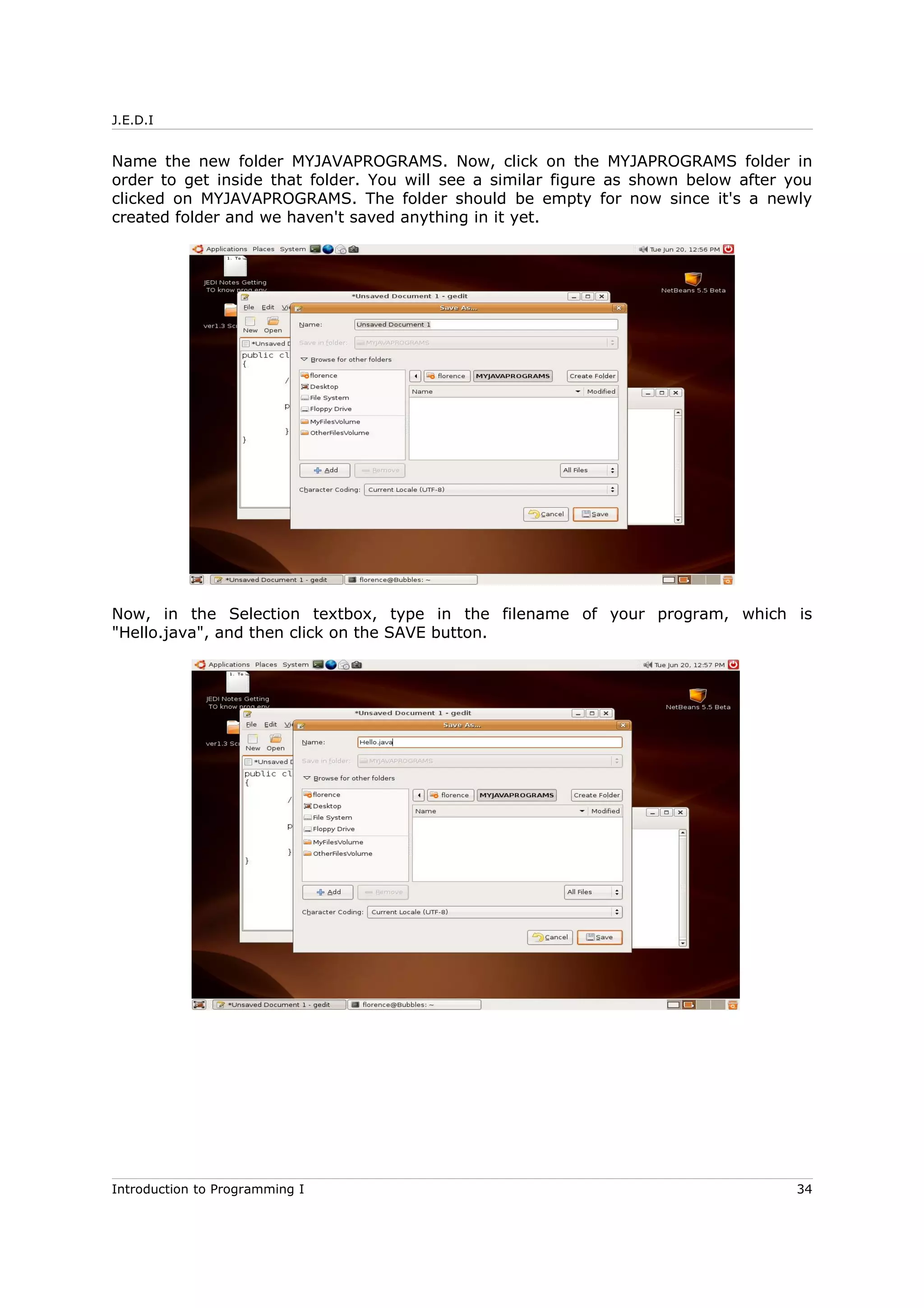 J.E.D.I
Name the new folder MYJAVAPROGRAMS. Now, click on the MYJAPROGRAMS folder in
order to get inside that folder. You will see a similar figure as shown below after you
clicked on MYJAVAPROGRAMS. The folder should be empty for now since it's a newly
created folder and we haven't saved anything in it yet.
Now, in the Selection textbox, type in the filename of your program, which is
"Hello.java", and then click on the SAVE button.
Introduction to Programming I 34
 