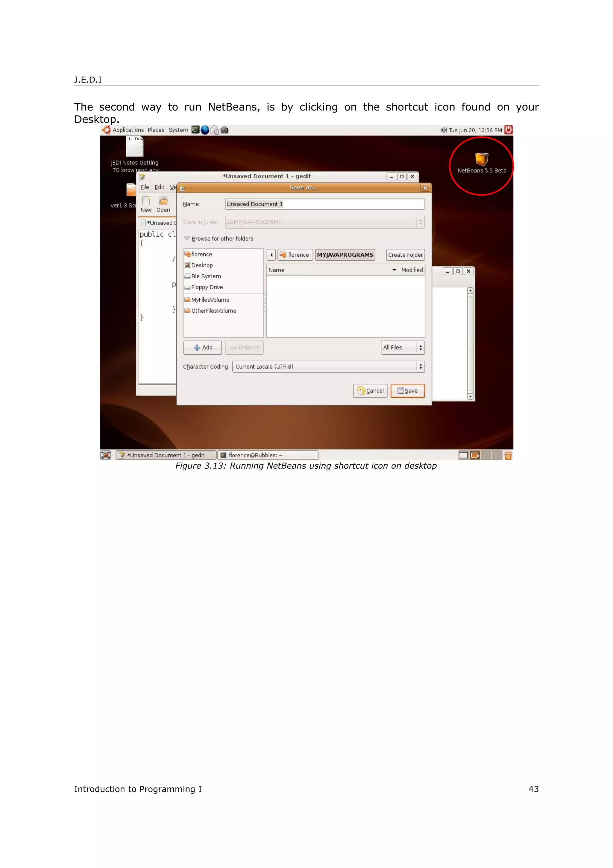 J.E.D.I
The second way to run NetBeans, is by clicking on the shortcut icon found on your
Desktop.
Introduction to Programming I 43
Figure 3.13: Running NetBeans using shortcut icon on desktop
 