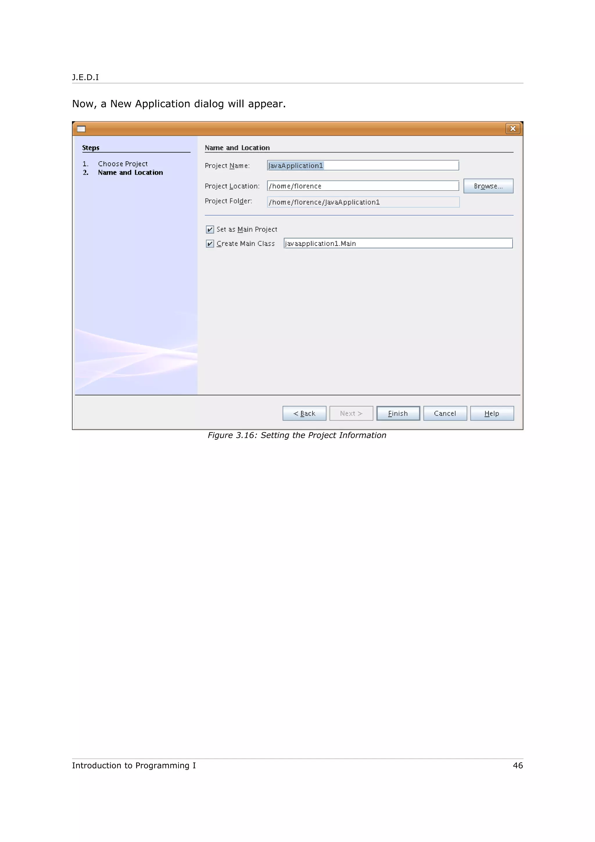 J.E.D.I
Now, a New Application dialog will appear.
Introduction to Programming I 46
Figure 3.16: Setting the Project Information
 