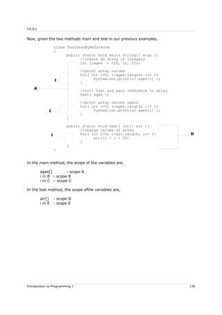 J.E.D.I
Now, given the two methods main and test in our previous examples,
class TestPassByReference
{
public static void main( String[] args ){
//create an array of integers
int []ages = {10, 11, 12};
//print array values
for( int i=0; i<ages.length; i++ ){
System.out.println( ages[i] );
}
//call test and pass reference to array
test( ages );
//print array values again
for( int i=0; i<ages.length; i++ ){
System.out.println( ages[i] );
}
}
public static void test( int[] arr ){
//change values of array
for( int i=0; i<arr.length; i++ ){
arr[i] = i + 50;
}
}
}
In the main method, the scope of the variables are,
ages[] - scope A
i in B - scope B
i in C – scope C
In the test method, the scope ofthe variables are,
arr[] - scope D
i in E - scope E
Introduction to Programming I 139
A
B
C
E D
 