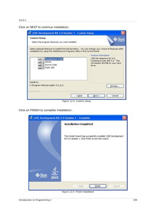 J.E.D.I
Click on NEXT to continue installation.
Click on FINISH to complete installation.
Introduction to Programming I 199
Figure 12.4: Custom setup
Figure 12.5: Finish installation
 