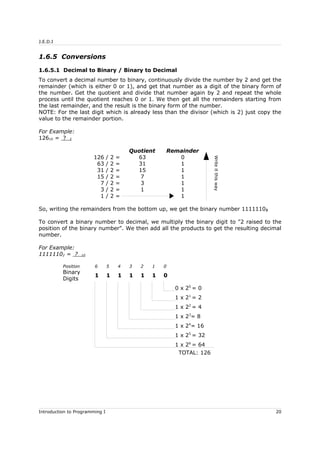 J.E.D.I
1.6.5 Conversions
1.6.5.1 Decimal to Binary / Binary to Decimal
To convert a decimal number to binary, continuously divide the number by 2 and get the
remainder (which is either 0 or 1), and get that number as a digit of the binary form of
the number. Get the quotient and divide that number again by 2 and repeat the whole
process until the quotient reaches 0 or 1. We then get all the remainders starting from
the last remainder, and the result is the binary form of the number.
NOTE: For the last digit which is already less than the divisor (which is 2) just copy the
value to the remainder portion.
For Example:
12610 = ? 2
Quotient Remainder
126 / 2 = 63 0
63 / 2 = 31 1
31 / 2 = 15 1
15 / 2 = 7 1
7 / 2 = 3 1
3 / 2 = 1 1
1 / 2 = 1
Writeitthisway
So, writing the remainders from the bottom up, we get the binary number 11111102
To convert a binary number to decimal, we multiply the binary digit to "2 raised to the
position of the binary number". We then add all the products to get the resulting decimal
number.
For Example:
11111102 = ? 10
Position 6 5 4 3 2 1 0
Binary
Digits
1 1 1 1 1 1 0
0 x 20
= 0
1 x 21
= 2
1 x 22
= 4
1 x 23
= 8
1 x 24
= 16
1 x 25
= 32
1 x 26
= 64
TOTAL: 126
Introduction to Programming I 20
 