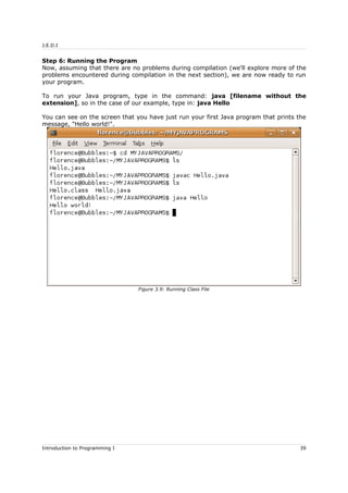 J.E.D.I
Step 6: Running the Program
Now, assuming that there are no problems during compilation (we'll explore more of the
problems encountered during compilation in the next section), we are now ready to run
your program.
To run your Java program, type in the command: java [filename without the
extension], so in the case of our example, type in: java Hello
You can see on the screen that you have just run your first Java program that prints the
message, "Hello world!".
Introduction to Programming I 39
Figure 3.9: Running Class File
 